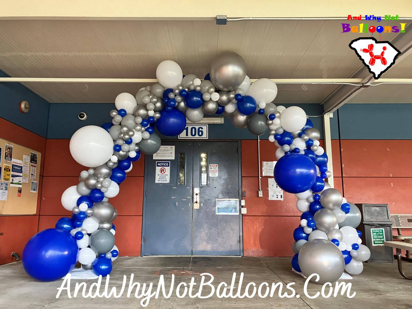 andwhynotballoons organic arch blue, white, and silver pendleton sc