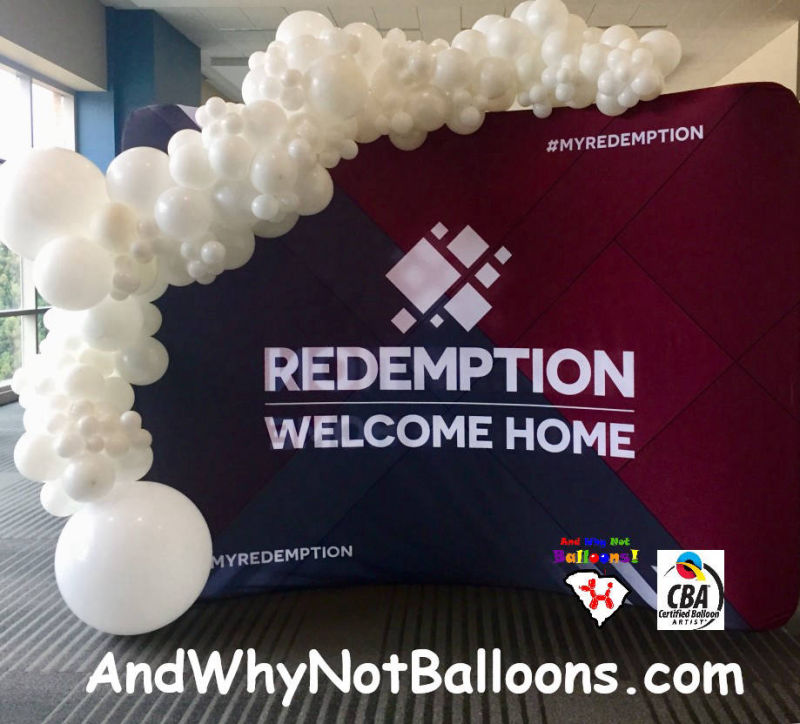 greenville sc spartanburg sc anderson sc upstate sc south carolina balloon decor and why not balloons  Redemption sign with white garland